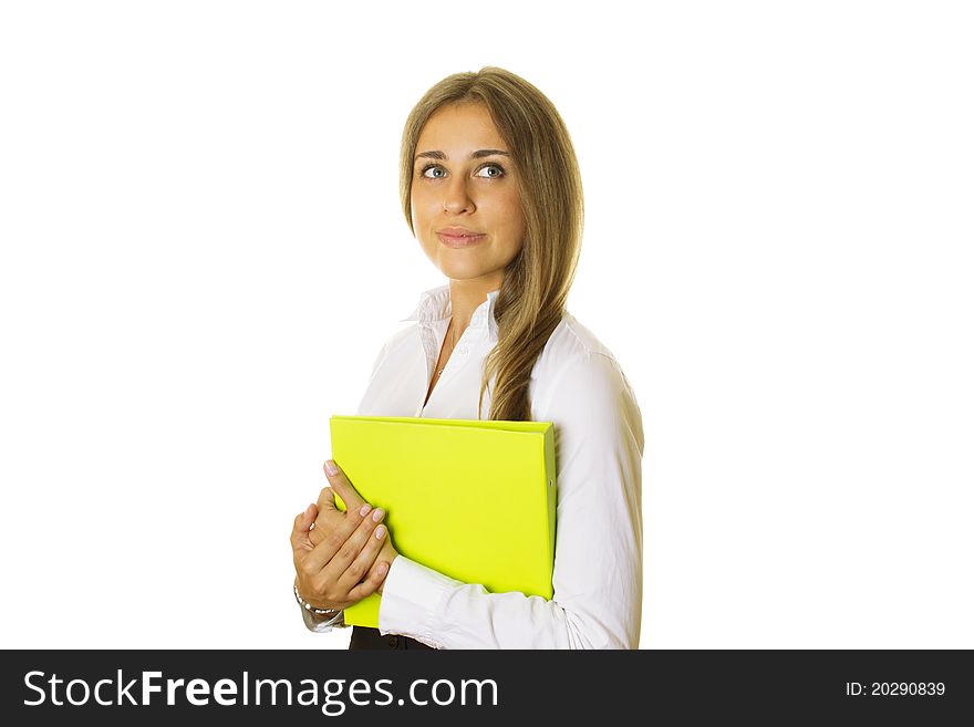 Close-up of a modern attractive business woman with folder. Isolated on a white background. Close-up of a modern attractive business woman with folder. Isolated on a white background