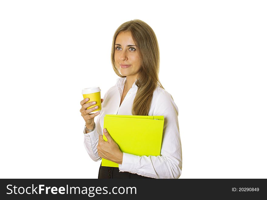 Close-up of a modern attractive business woman with a folder and a glass of coffee. Isolated on a white background. Close-up of a modern attractive business woman with a folder and a glass of coffee. Isolated on a white background