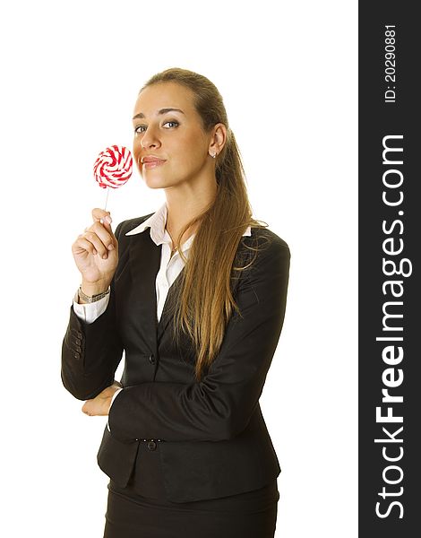 Close up of young business woman with a lollipop. Isolated on a white background. Close up of young business woman with a lollipop. Isolated on a white background