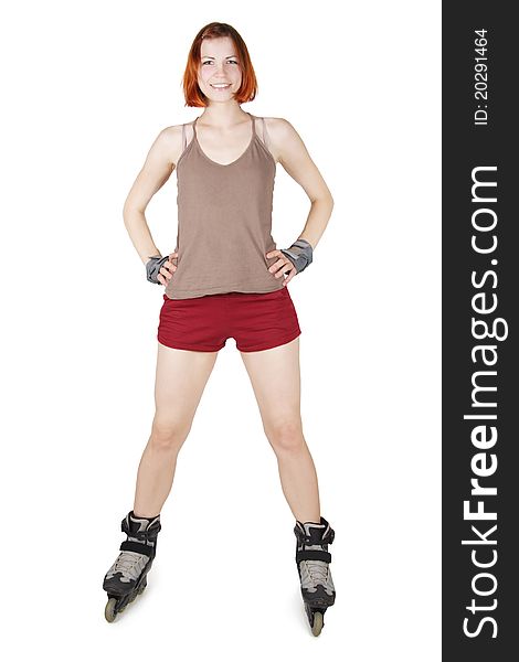 Girl On Rollerblades Standing Isolated