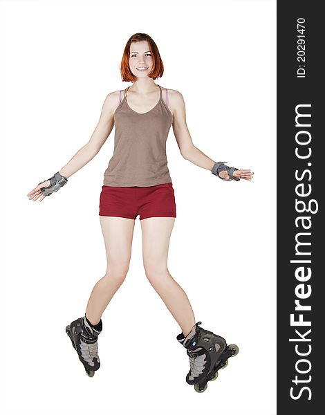 Girl On Rollerblades Making Trick Isolated