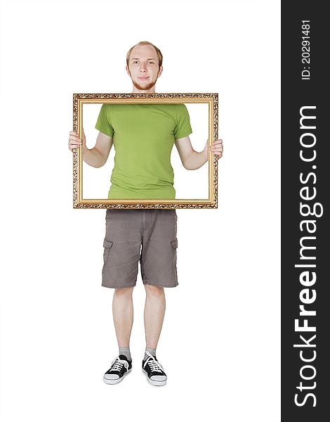 Man holding decorative picture frame