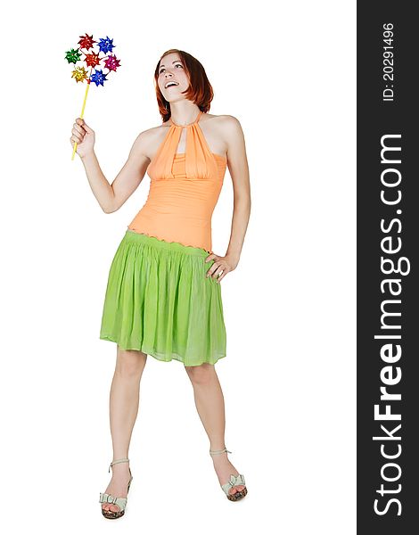 Girl In Bright Clothes Holding Pinwheella