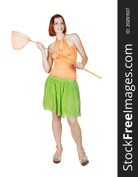 Girl in bright clothes holding butterfly net