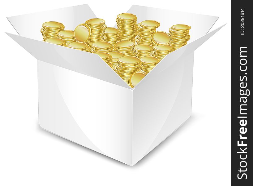 White box with gold coin, isolated,  illustration. White box with gold coin, isolated,  illustration