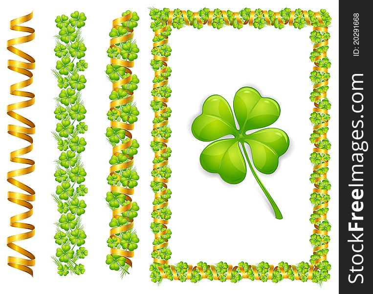 Frame with green clover leaves and gold ribbon, isolated on white background illustration. Frame with green clover leaves and gold ribbon, isolated on white background illustration