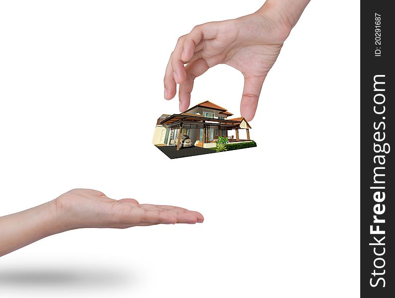 Woman hand and new house. Woman hand and new house