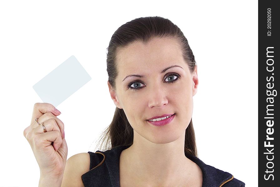 Beautiful woman holding blank card on a white background