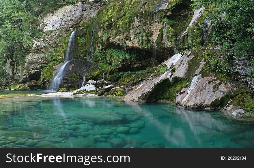 Virje waterfall on the hiking trail above Pluzna village (Slovenia)
