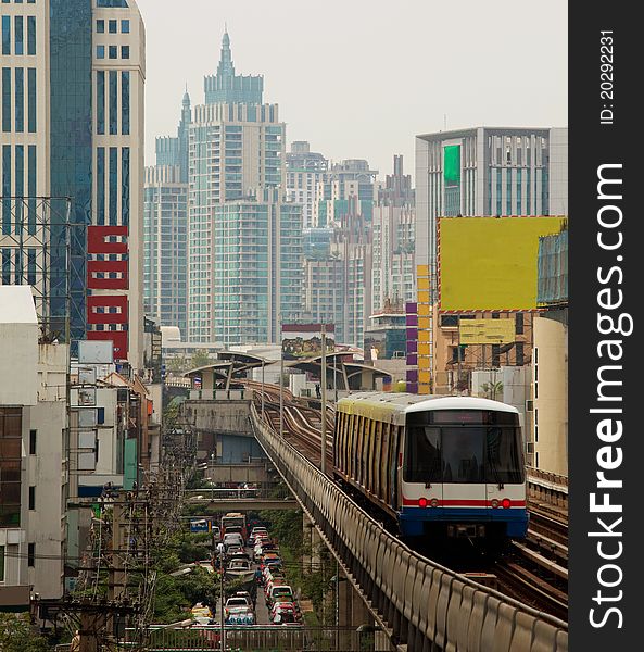 Skytrain run in Bangkok ,Thailand