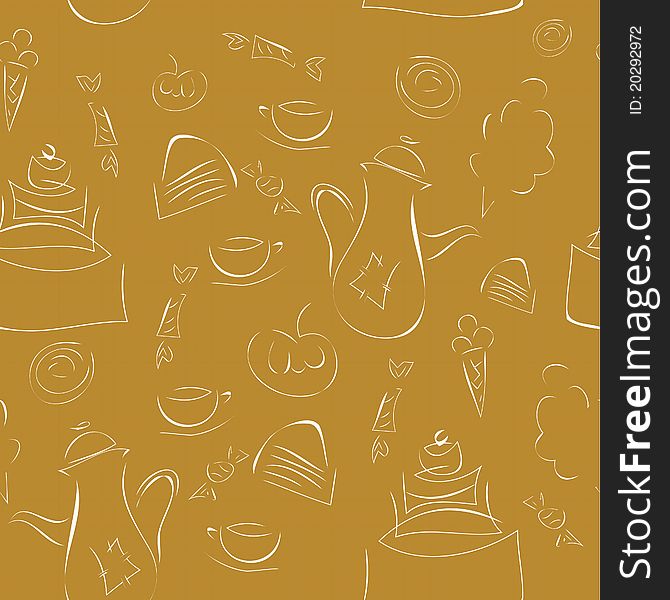 Seamless texture - coffee, cake and sweets on a brown background. Seamless texture - coffee, cake and sweets on a brown background