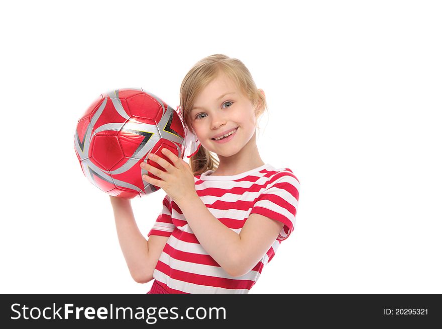 Happy girl with soccer ball isolated on white