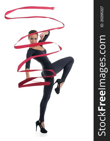 Dancing woman with red ribbon isolated on white