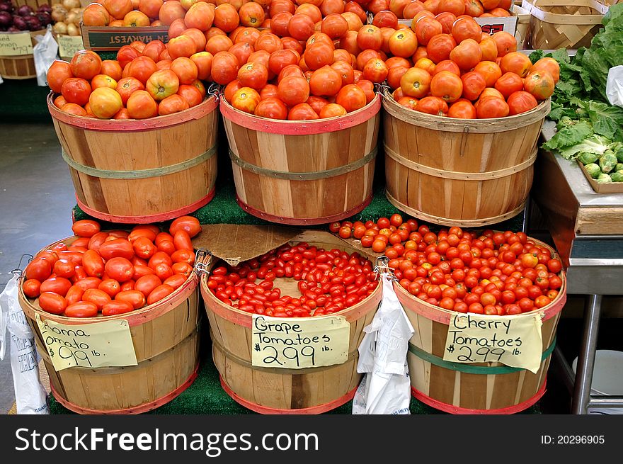 Bushels of tomatoes at a farmer's market