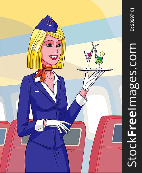 Beautiful stewardess holds a tray with drinks