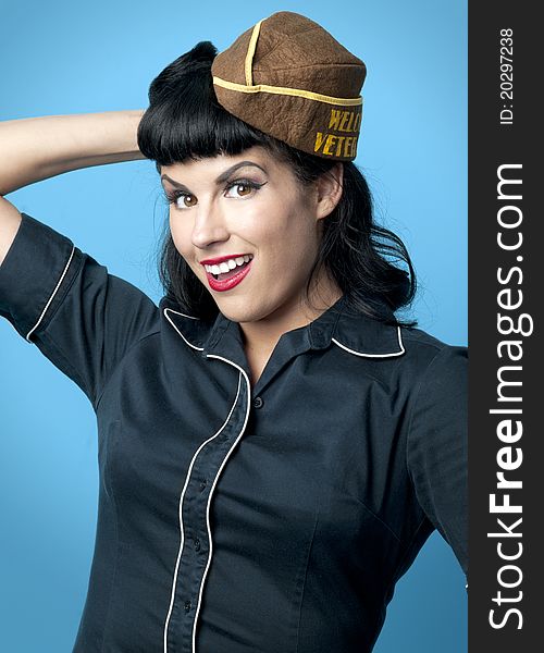 Cute Pin Up Model In Military Cap