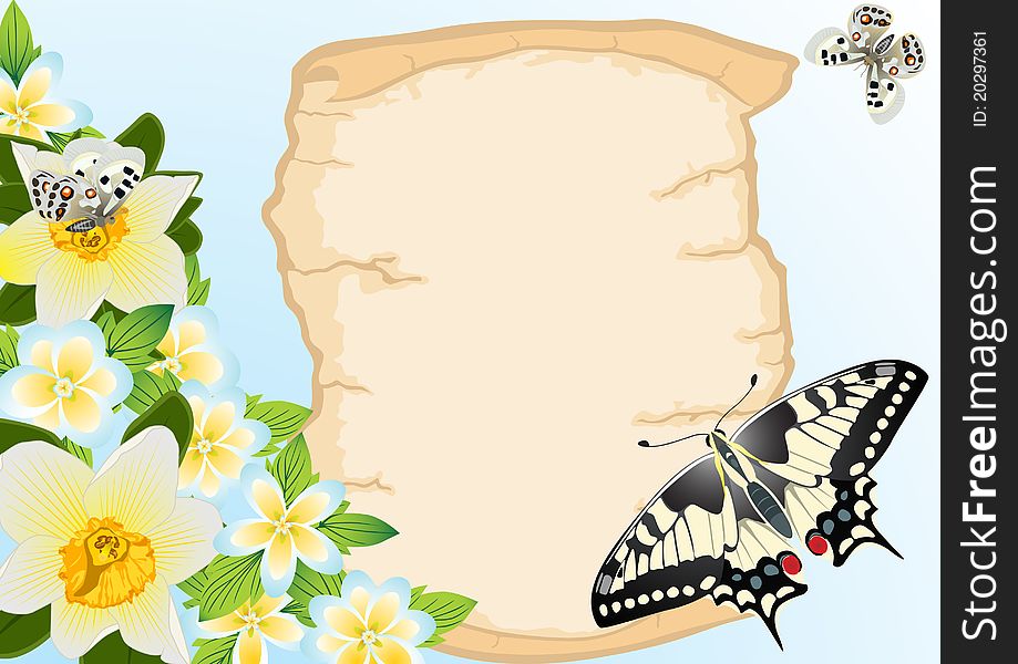 A sheet of paper against the background of flowers and flying butterflies. A sheet of paper against the background of flowers and flying butterflies