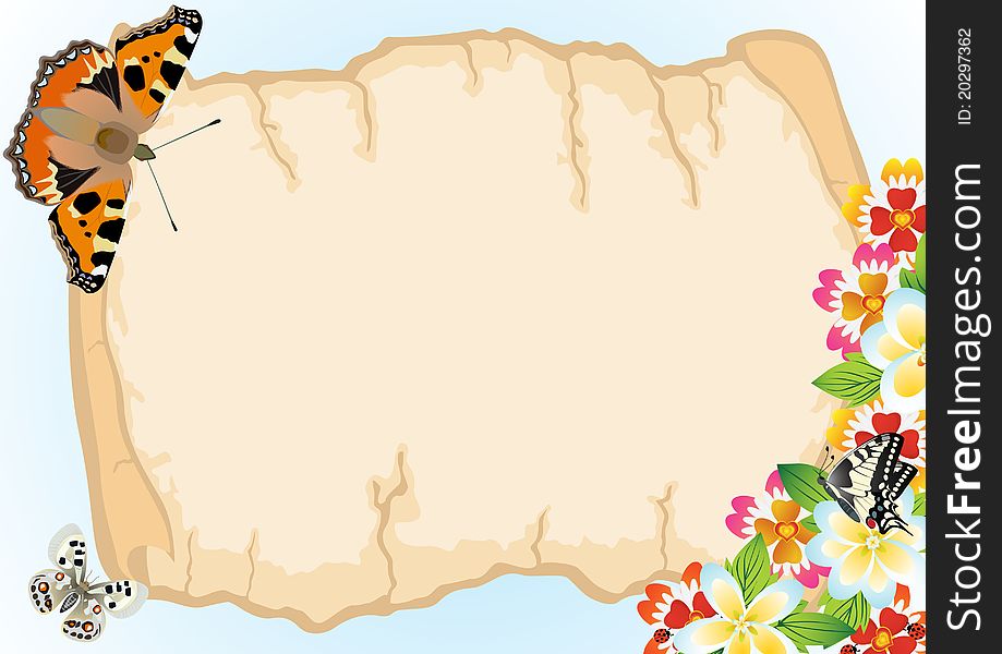 A sheet of paper against the background of flowers and flying butterflies. A sheet of paper against the background of flowers and flying butterflies