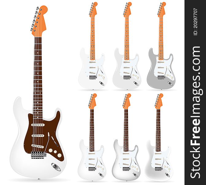 Set of white electric guitars isolated on white background