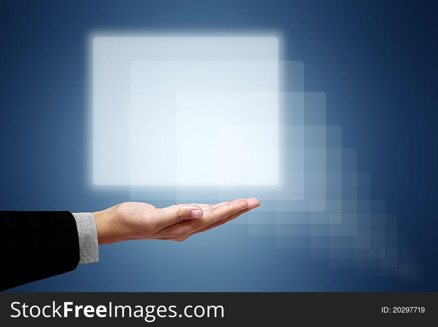 Hand, the business man and a quad on blue background