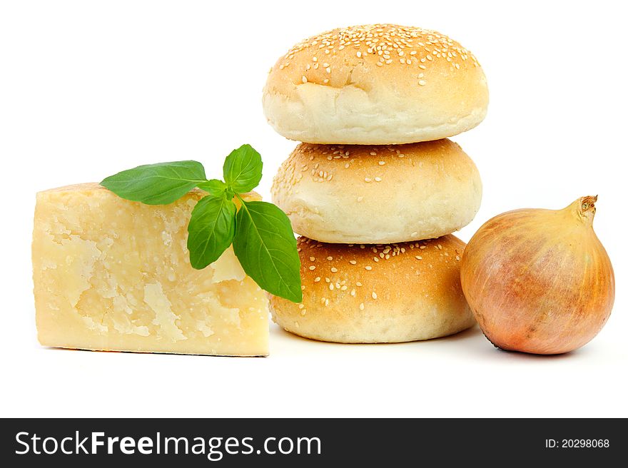 An image of three buns, cheese and onion. An image of three buns, cheese and onion