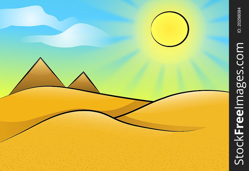 Sunny desert landscape with dunes and pyramids