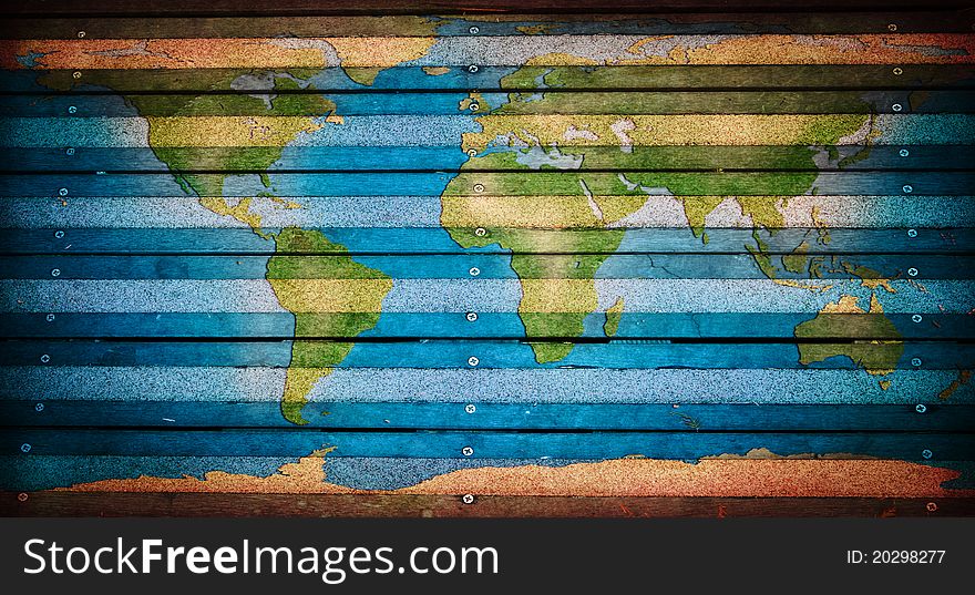 World map on wood texture