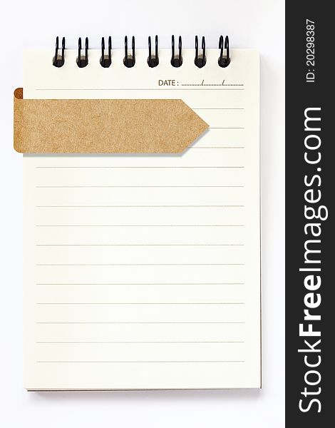 Blank notebook with blank recycle paper label on white background. Blank notebook with blank recycle paper label on white background