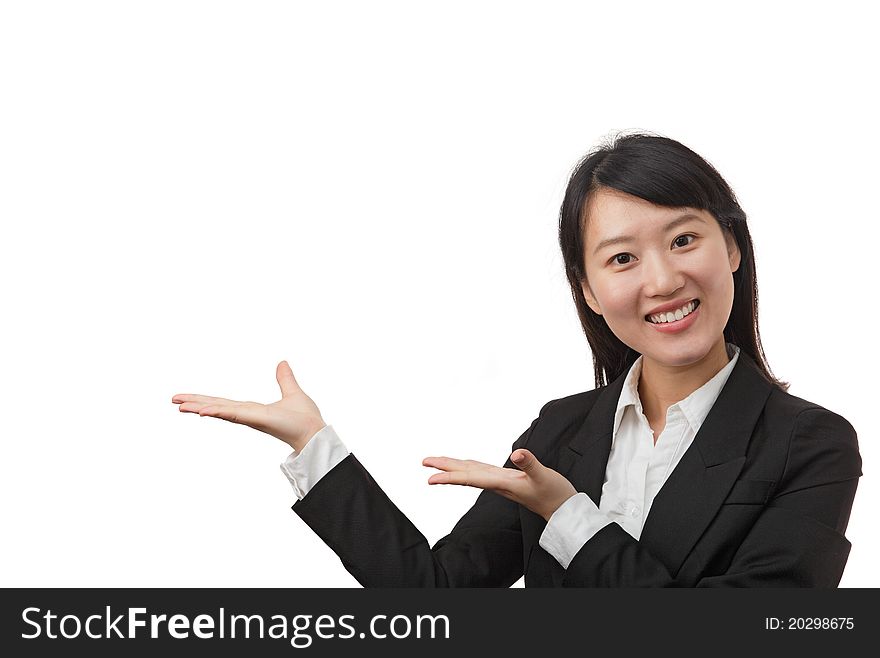 Beautiful businesswoman showing your products, on white background