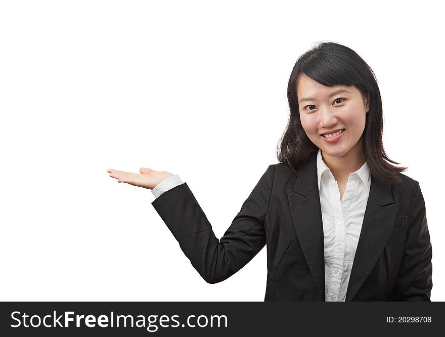 Beautiful businesswoman showing your products, on white background