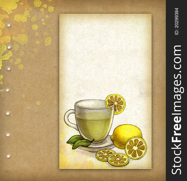 Background with drawing of glass cup of tea with lemon