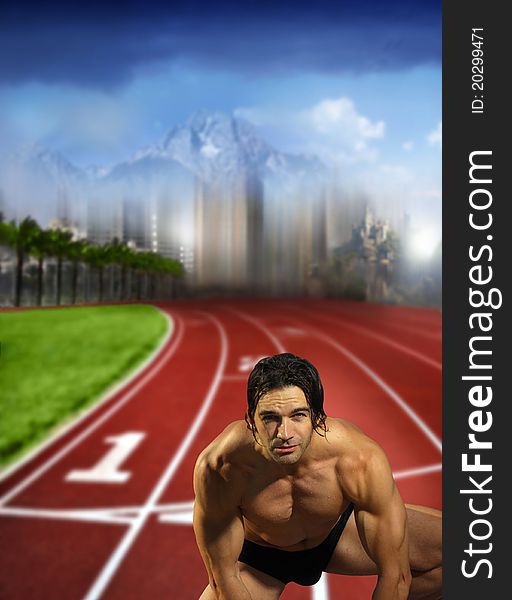 Fantastical portrait of a young muscular male athlete on track field ready to run. Fantastical portrait of a young muscular male athlete on track field ready to run