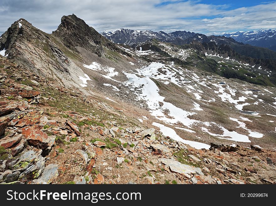 Small icy mountain lakes after a frozen night during summer. Small icy mountain lakes after a frozen night during summer