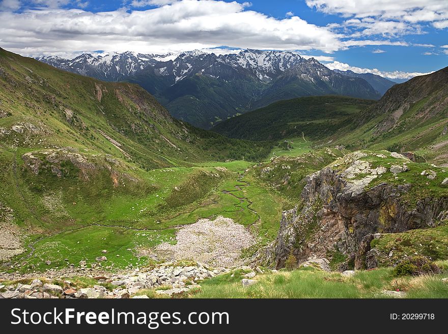 Green Valley. Panorama by the top of Bighera Valley. Brixia province, Lombardy region, Italy