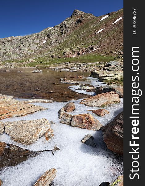 Small icy mountain lakes after a frozen night during summer. Small icy mountain lakes after a frozen night during summer