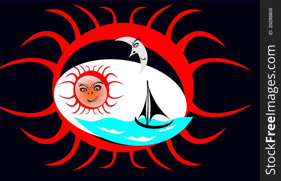 Graphical representation of summer fun. Sailboat, sunset, abstract drawings. The sun and its reflection. Graphical representation of summer fun. Sailboat, sunset, abstract drawings. The sun and its reflection.