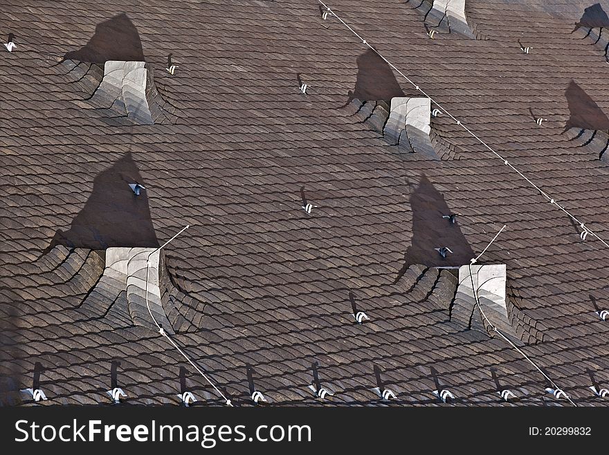 Slate roof of a church in the old historic town of Oberursel, Germany.