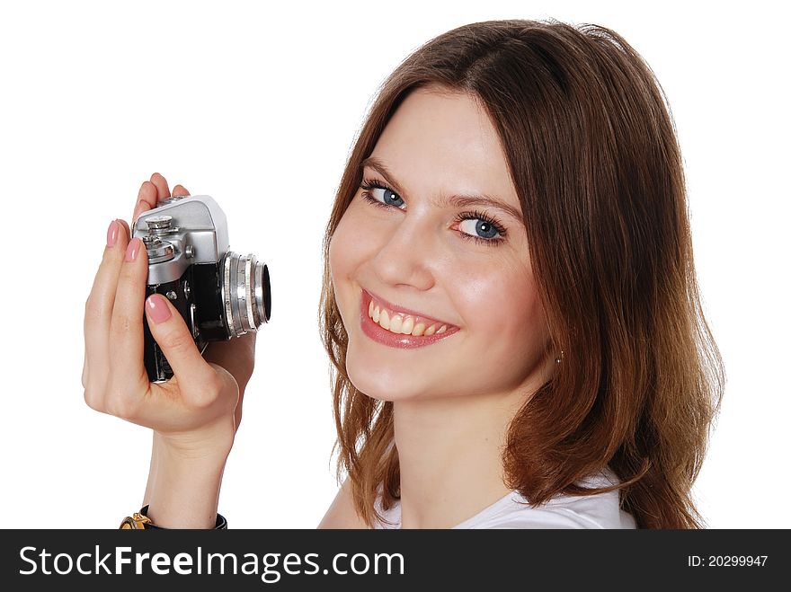 Pretty Woman Taking Photo With Vintage Camera