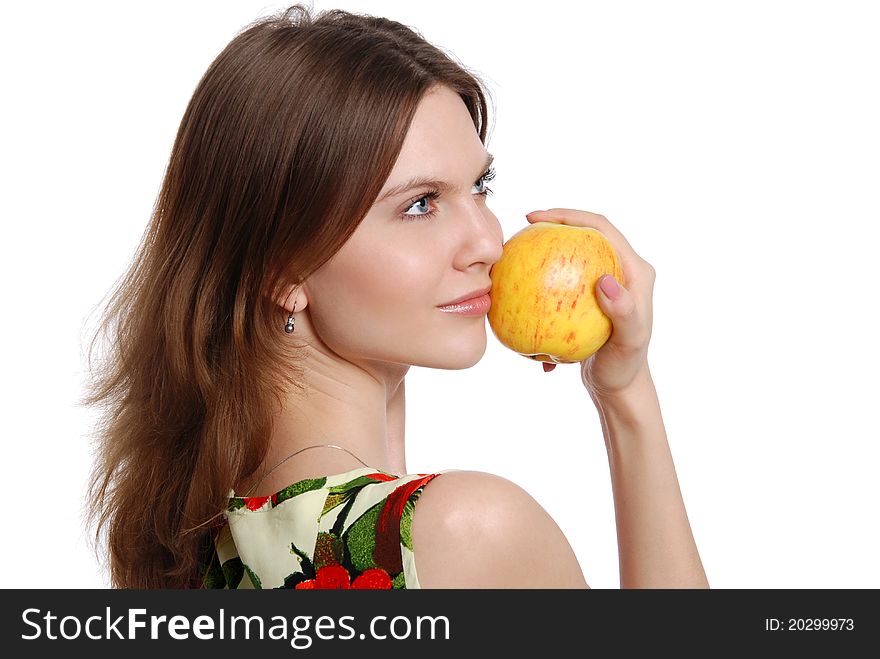He girl with an apple isolated on white background. He girl with an apple isolated on white background