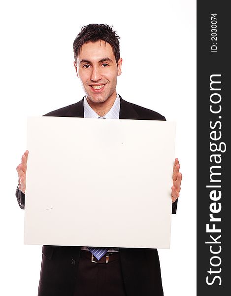 Business man is showing a blank card board. Business man is showing a blank card board