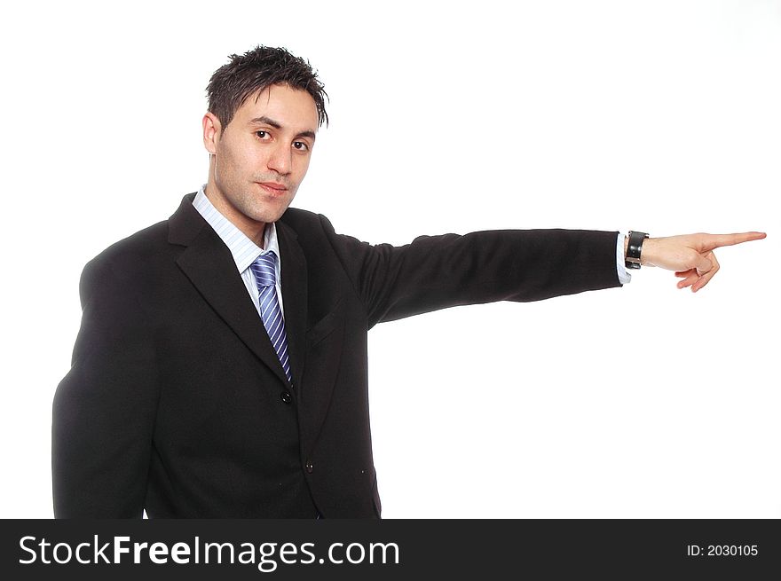 A business man portrait against white pointing. A business man portrait against white pointing