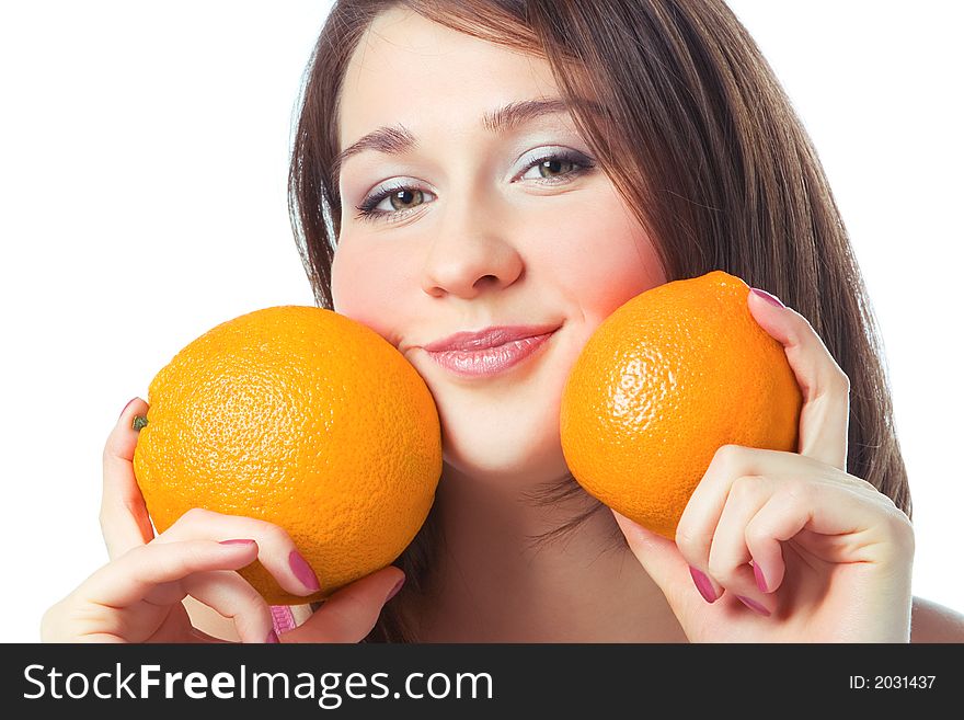 Portrait pretty girl with two orange over white