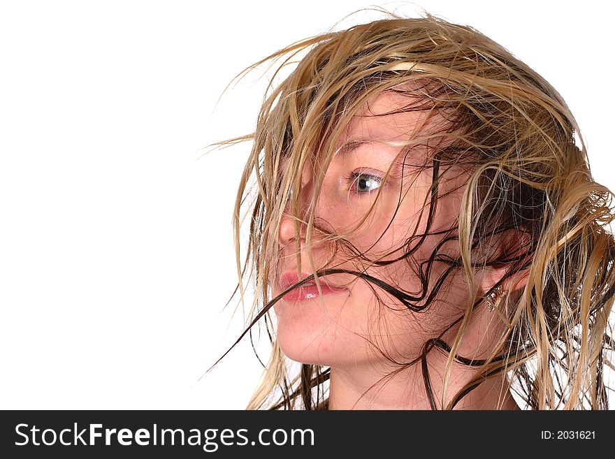 Girl with wet hairs and wide open eye. Girl with wet hairs and wide open eye