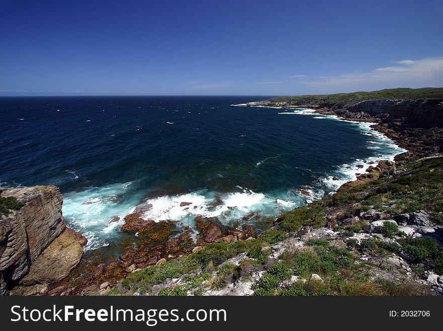 Wide angle coastline view in southern Australia.