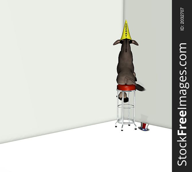 Democrat, represented by a donkey sitting on a stool facing a corner wearing a dunce cap.
Political humor. Democrat, represented by a donkey sitting on a stool facing a corner wearing a dunce cap.
Political humor.