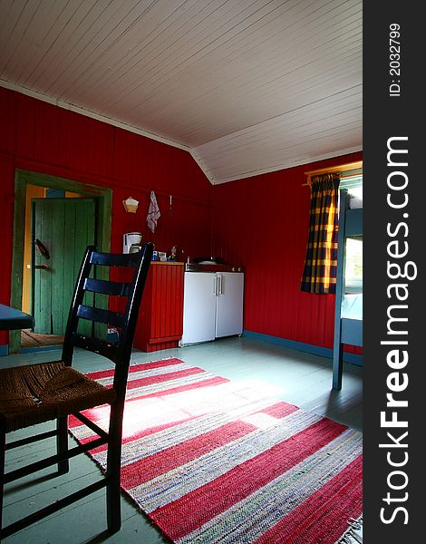 Rustic interior in a wooden chalet of the lofoten islands