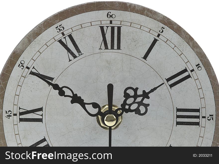 Antique clock face on a white background.