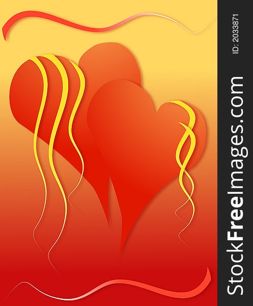 Abstract valentines background of two red and gold hearts against a red and gold background with yellow and red ribbons dangling from and surrounding the two hearts. Abstract valentines background of two red and gold hearts against a red and gold background with yellow and red ribbons dangling from and surrounding the two hearts.