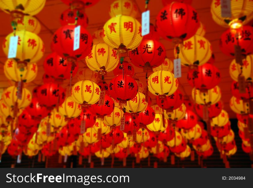 Red and yellow lanterns hanging in kek lok si temple, Penang, Malaysia