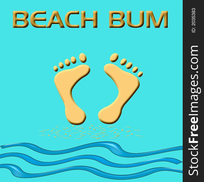 Beach bum poster feet in the sand on blue background